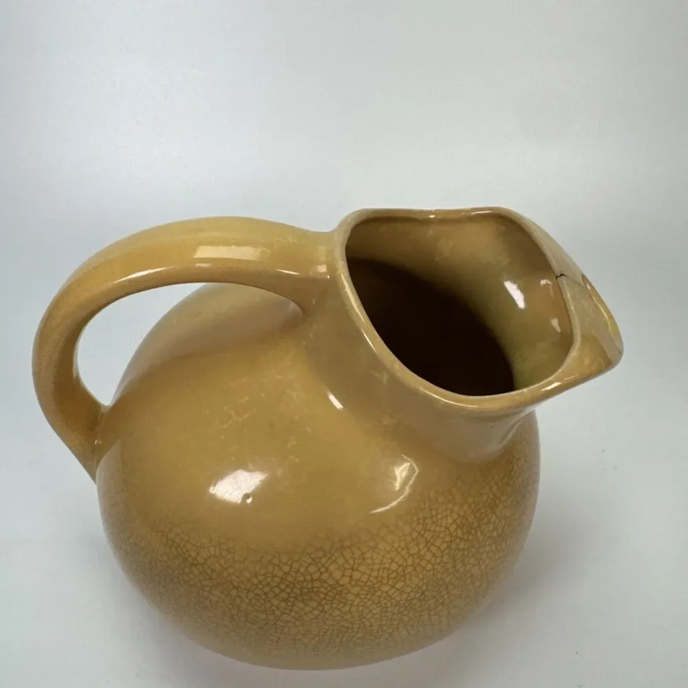 Vintage MCM Yellow Crazed Porcelain Water Pitcher USA w/ Ice Catcher 7